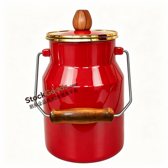 2.0L Enamel Milk Can with White Inner & Colored Outer, Wooden Handle & Wooden Knob, 15 Colors Optional